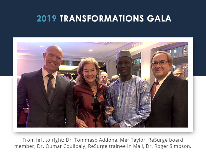 2019 Transformation Gala text above photo of smiling attendees. From left to right: Dr. Tommaso Addona, Mer Taylor, Resurge board member, Dr. Oumar Coulibaly, Resurge trainee in Mali, Dr. Roger Simpson. 