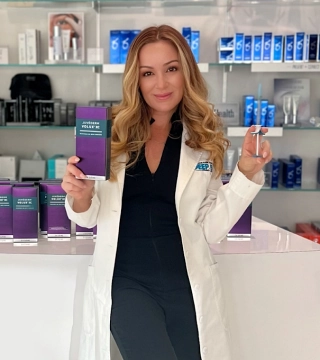 Lead PA Melissa Colletti-White posing with JUVÉDERM® VOLUX™ XC inside Deep Blue Med Spa